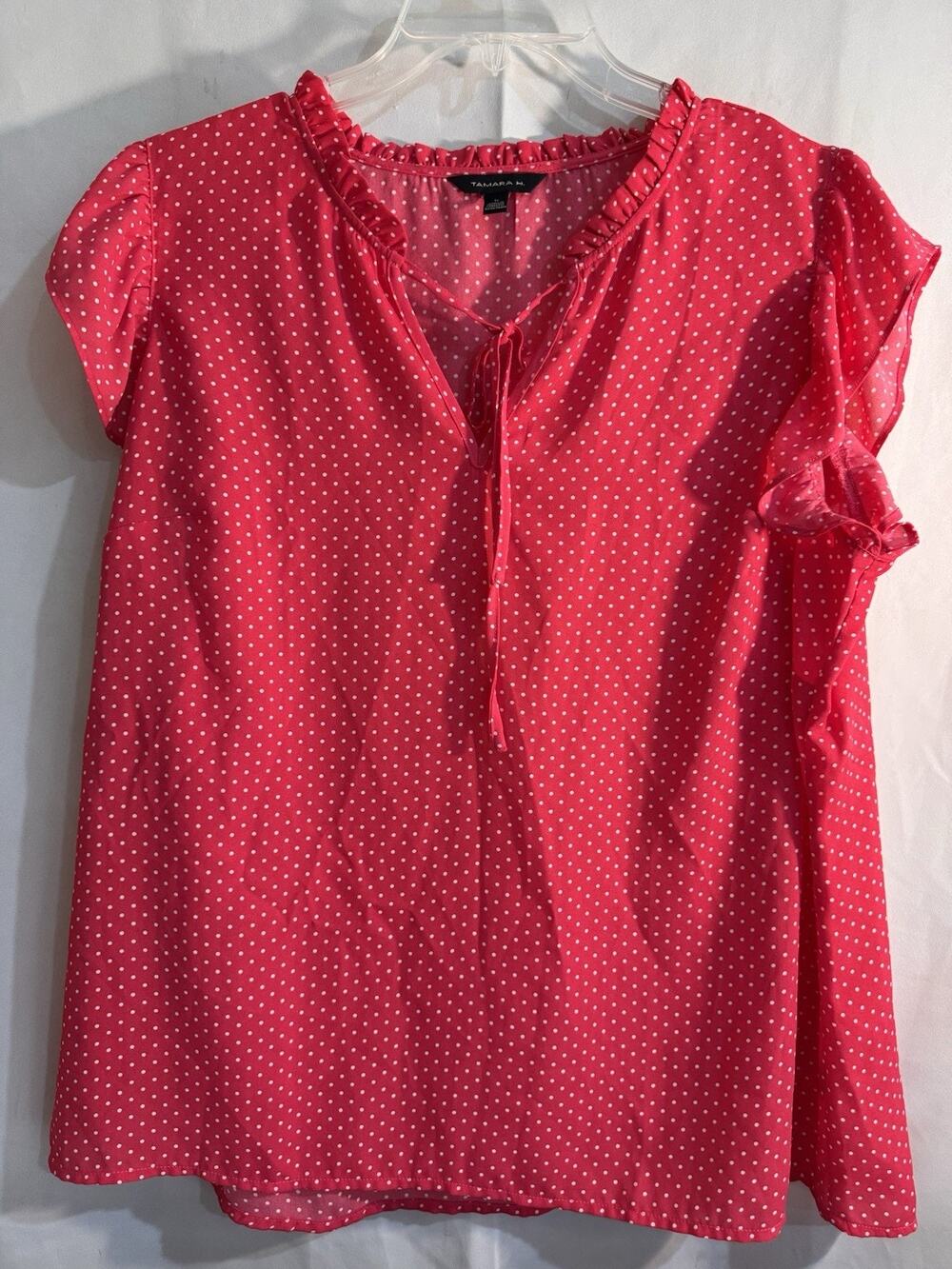 Tamara H Capped Sleeved Pink And White Polka Dot Blouse 1X LY19